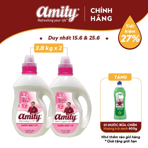 Combo 2 Can Nước Giặt Xả AMITY 2 trong 1 - 3.8Kg/Can - Tặng 1 Nước Rửa Chén 400gr
