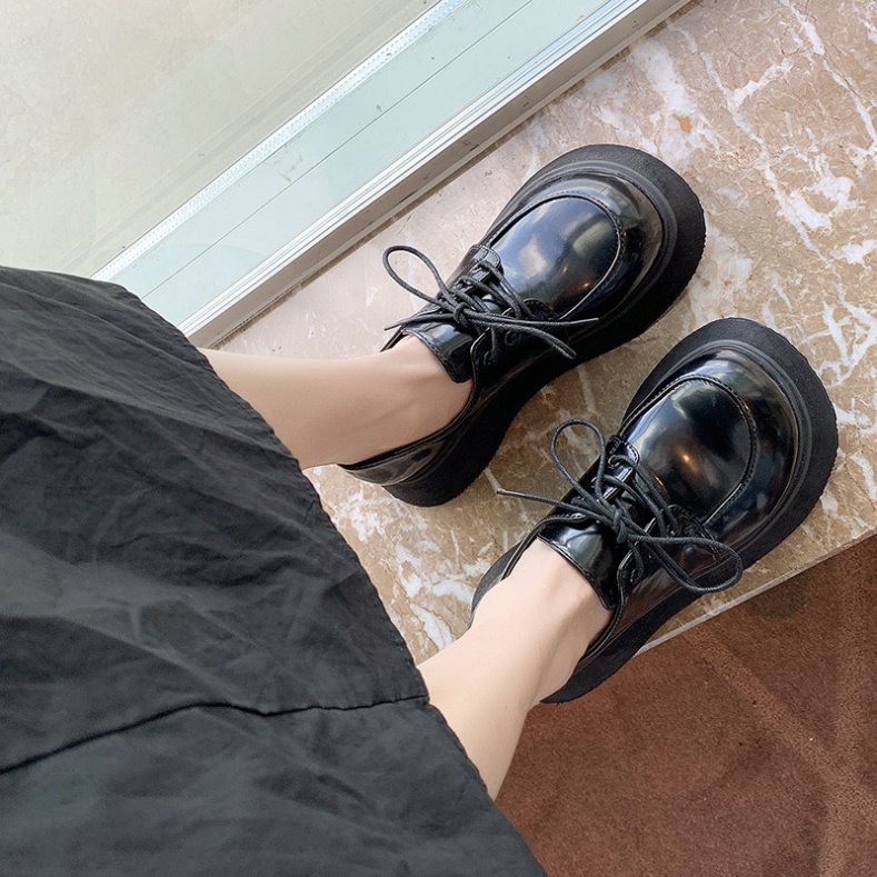 Giày nữ oxford ulzzang lolita độn đế bằng cao to bự dày da bóng/trơn mũi vuông phong cách hàn quốc đẹp mới