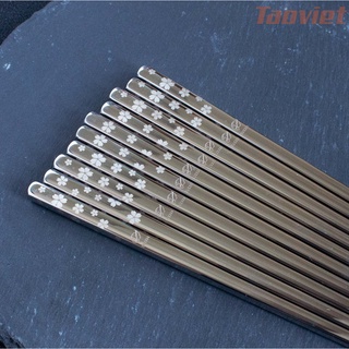 Vỉ đũa hoa anh đào inox 304 cao cấp đầu vuông chống trơn trượt set 5 đôi đũa ăn inox kiểu nhật dài 23.5cm