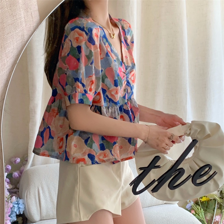 SUXI Áo Sơ Mi Tay Ngắn Cổ Chữ V Dáng Ôm In Họa Tiết Hoa Kiểu Vintage Thời Trang Mùa Hè