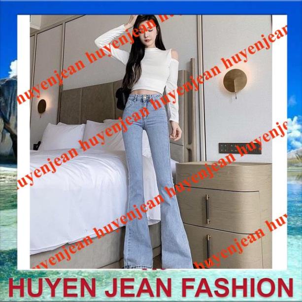 Quần jean ống loe lưng cao co giãn may gấu