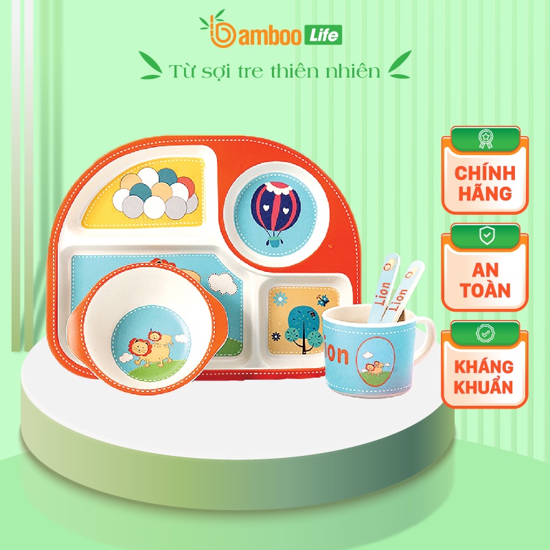 Khay thức ăn cho bé từ sợi tre thiên nhiên Bamboo Life BL002 gồm 5 món gồm thìa, dĩa, khay, bát, cốc dễ thương