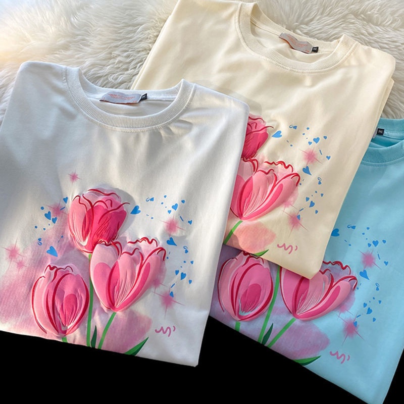 Áo thun Pure Cube tay ngắn in hình hoa phong cách Hàn Quốc dễ phối đồ thời trang xuân hè cho nữ