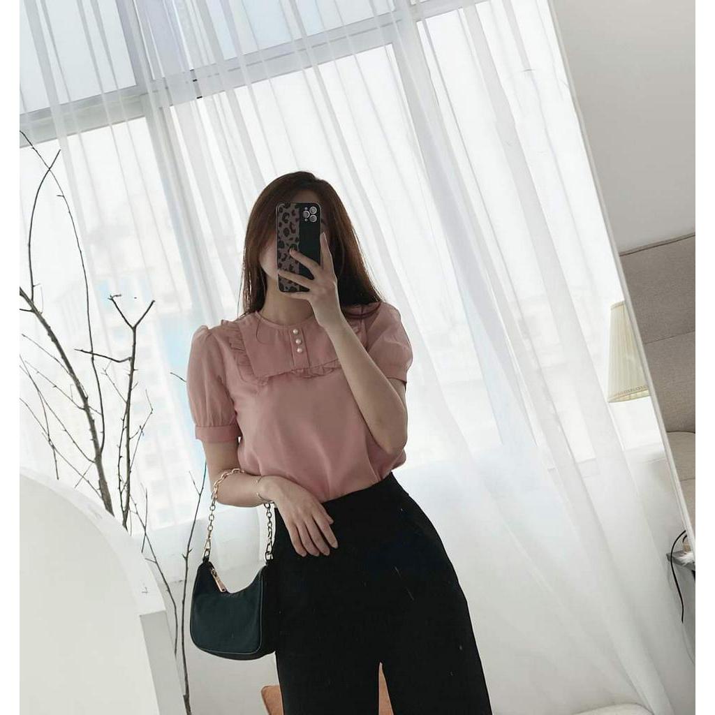 ÁO SƠ MI VOAN TƠ 2 LỚP CỔ VUÔNG REN CÓ ĐÍNH CÚC NGỌC GIỮA HOTTREND HÈ AM03