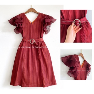 Váy tay bèo thắt đai EMA Dress by CECILIA đỏ burgundy có tới size XL
