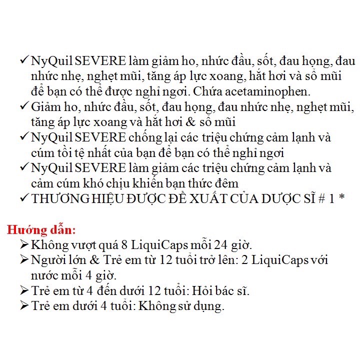 [DATE 5/2022] NyQuil SEVERE Cold and Flu Relief LiquiCaps SET LẺ 12 VIÊN ( DAYQUIL NYQUIL )