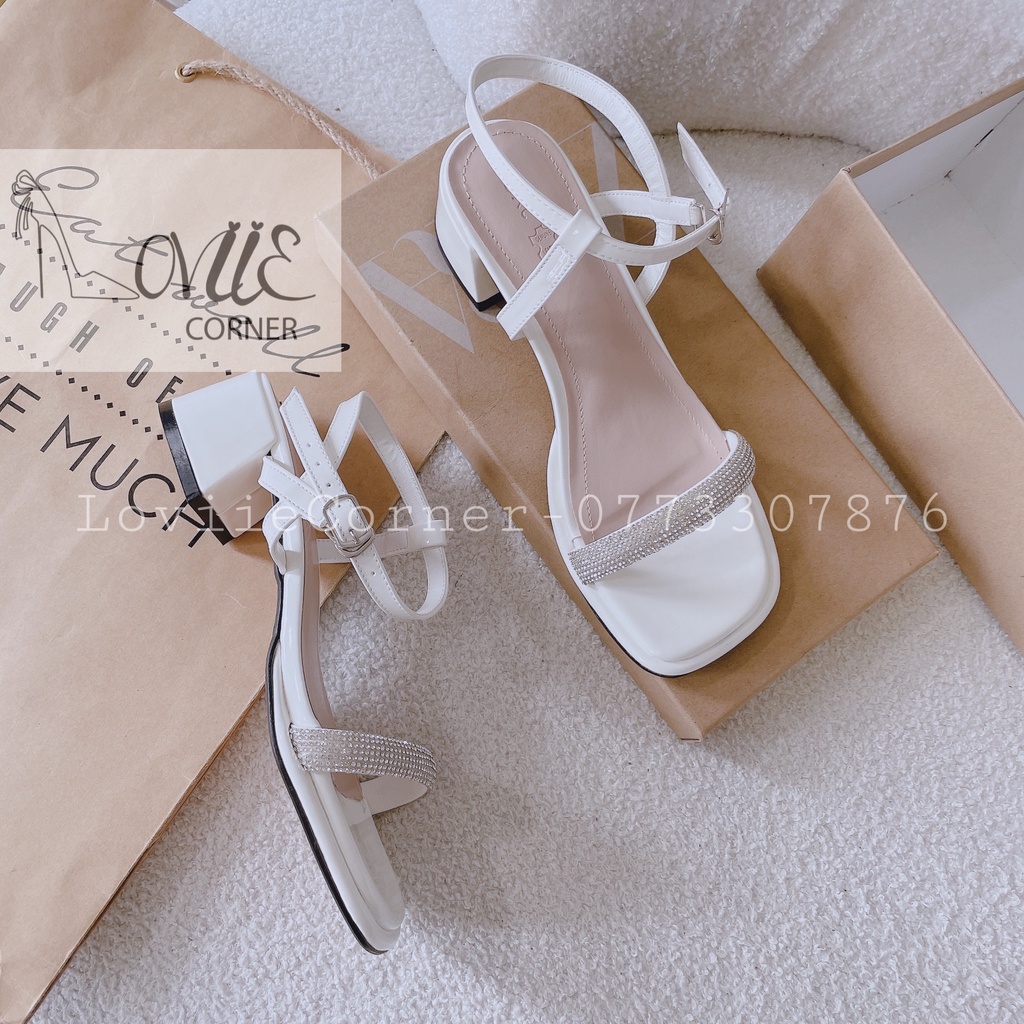 SANDAL CAO GÓT LOVIIECORNER - GUỐC NỮ QUAI NGANG ĐÍNH ĐÁ - GIÀY THỜI TRANG MŨI VUÔNG 5 PHÂN G220920