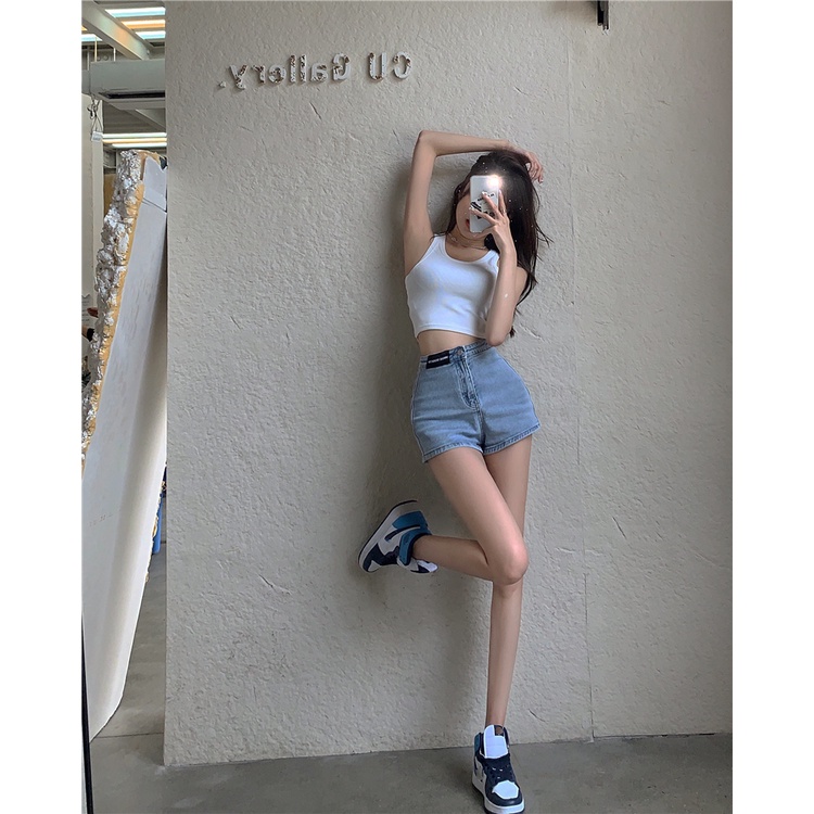 DUNEA Quần Short Denim Lưng Cao In Chữ Cá Tính Dành Cho Nữ