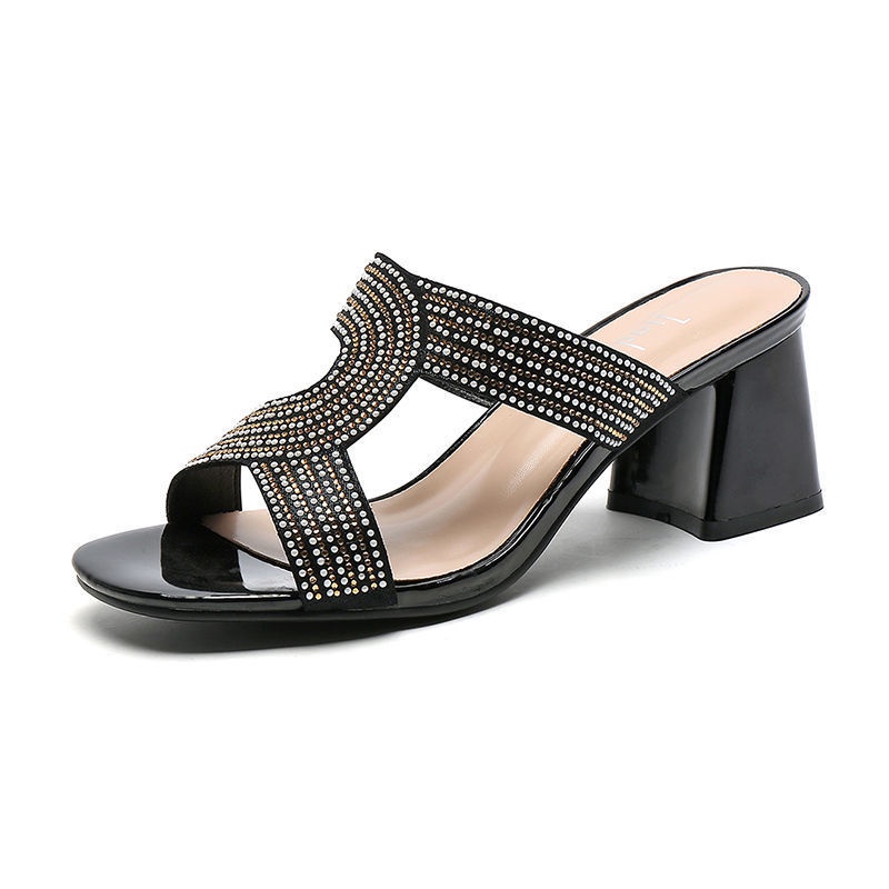 Tikp Dép Cao Gót Quai Ngang Đính Đá 2 Màu Tùy Chọn Size 34-40