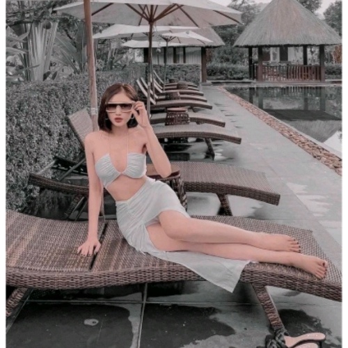 Đồ bơi nữ bikini đi biển sét 3 món màu trắng KONKUN MS92