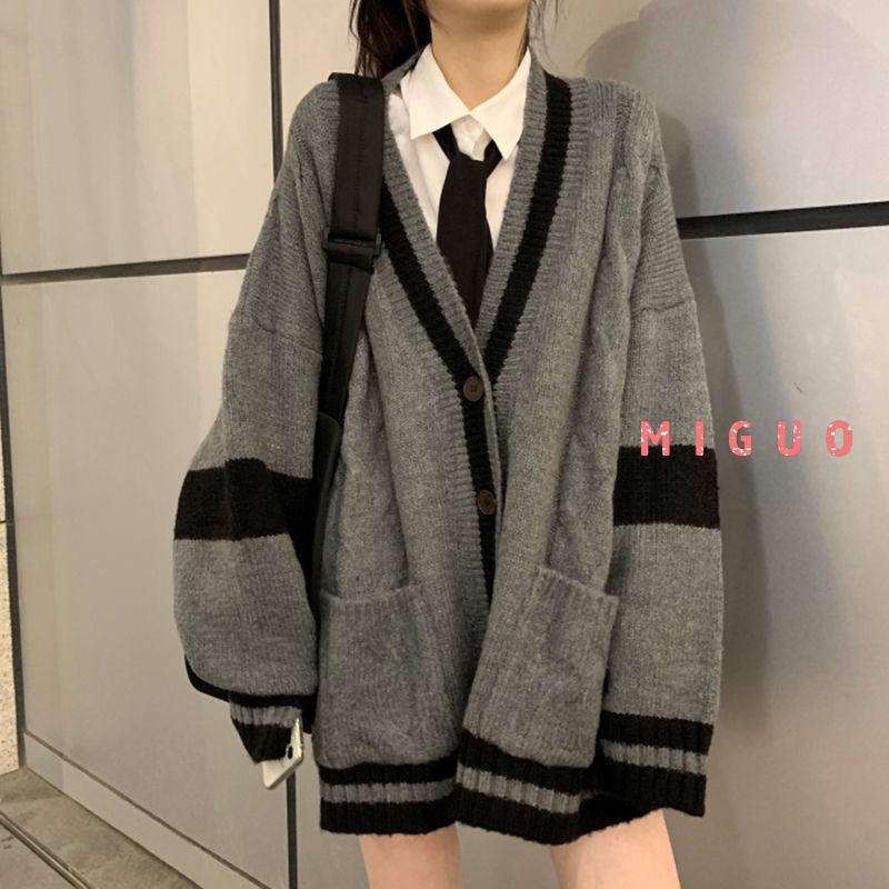 MIGUO Áo khoác cardigan dáng rộng màu xám dễ phối đồ thời trang thu đông mới