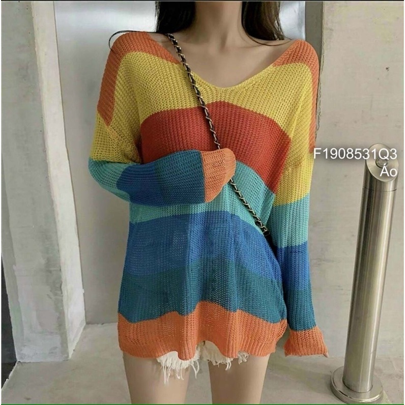 Áo len mỏng sọc màu cầu vồng cổ tim phối dây ngang lưng form rộng tay dài hàng QC!