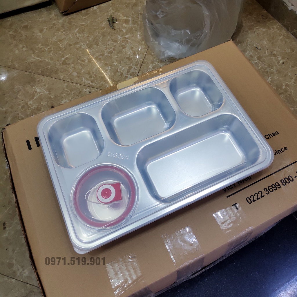 Khay cơm inox 5 ngăn lớn sâu lòng có bát canh inox 304 (33 x 23 x 4,5cm)