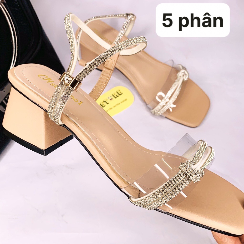 Sandal cao gót nữ, dép đi học quai ngang đính hạt xoàn đế vuông 5p - Mã H06