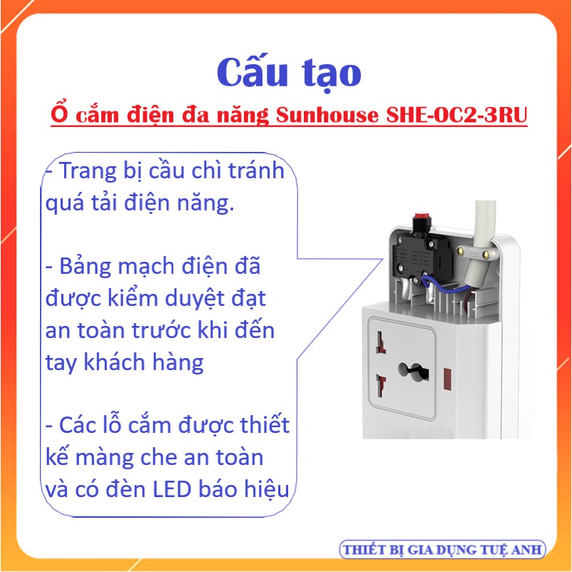 Ổ cắm điện đa năng có cổng USB- Model: SHE-OC2-3RU [Chính hãng Sunhouse]