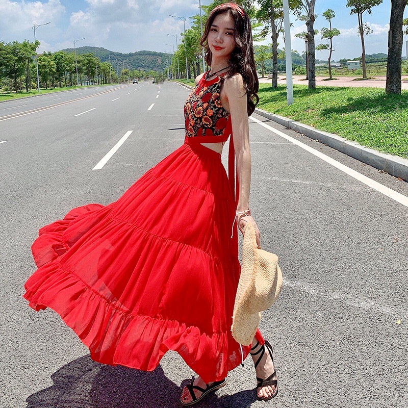 (Sẵn) Váy maxi cổ yếm hở lưng tiểu thư, Đầm maxi dáng dài hoa mặt trời đi biển, chụp hình cưới SAVVY Dress KSVD02000 | BigBuy360 - bigbuy360.vn