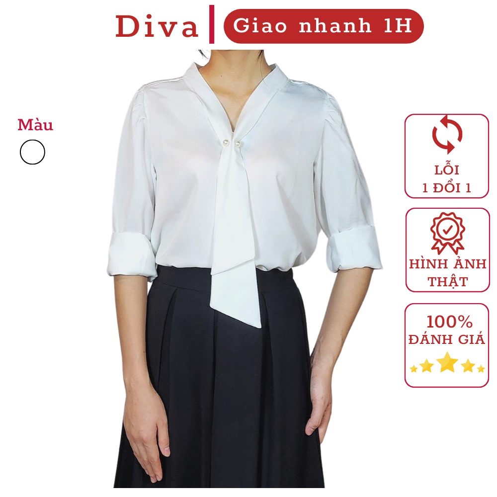 Áo sơ mi trắng nữ lụa dài tay cổ chữ V thắt nơ form rộng công sở đi làm đi chơi dây nơ kèm ghim ngọc trai ASM04