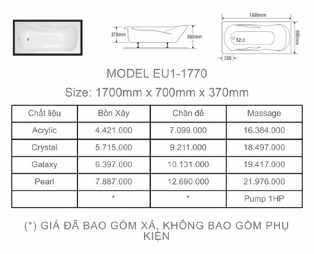 BỒN TẮM DÀI 2 YẾM EUROCA  - MODEL EU1 - 1770 - BẢO HÀNH 3 NĂM