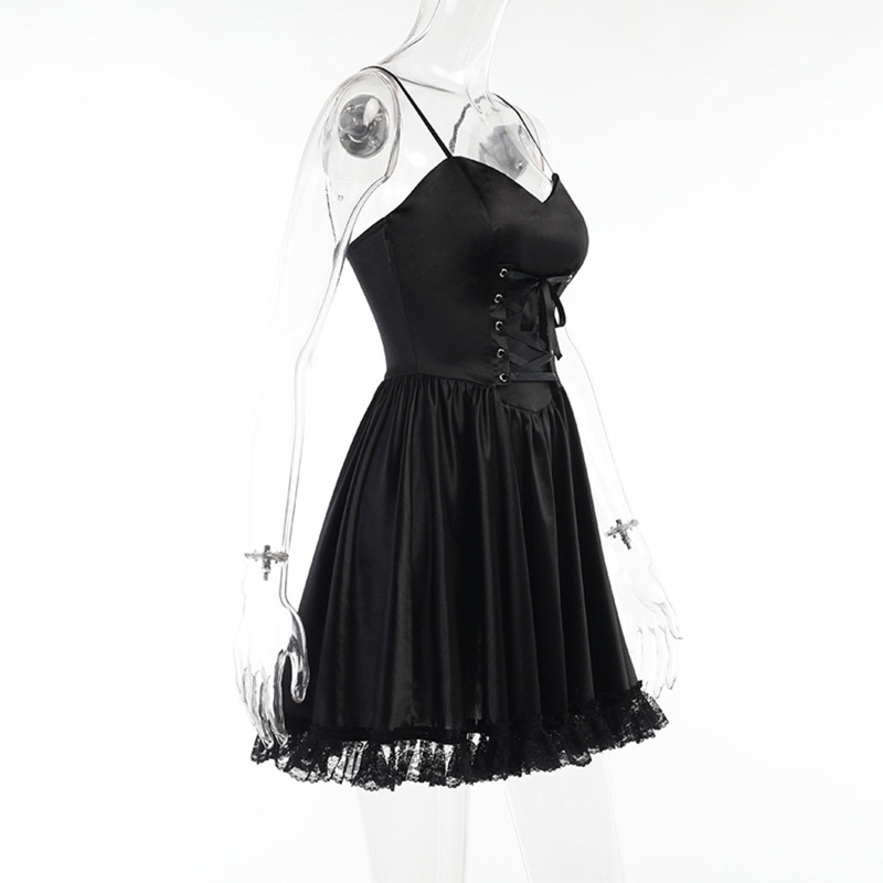 Đầm Chữ A Màu Đen Cột Dây Phong Cách Gothic Thời Trang Quyến Rũ Cho Nữ