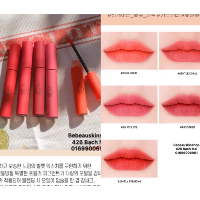 ( 5 màu mới 2018) Son kem 3ce velvet lip tint