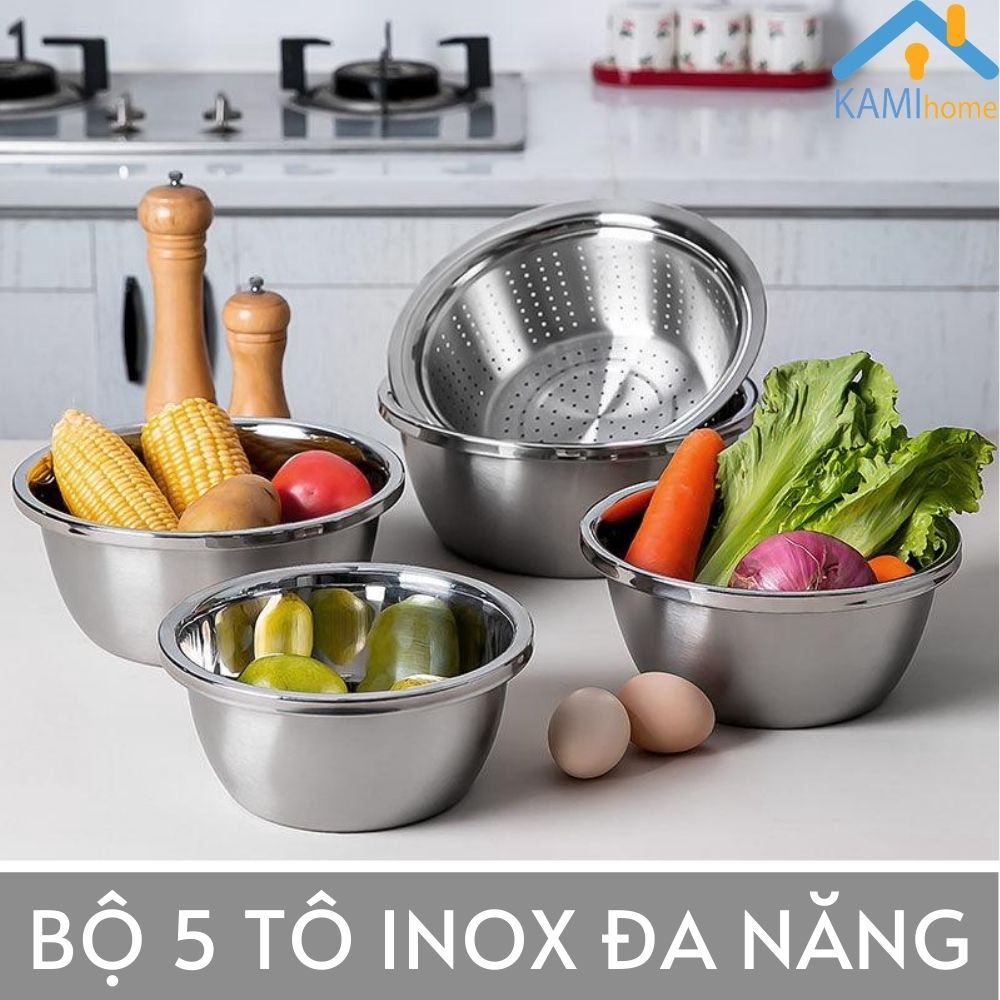 Bộ 5 thố bát tròn Inox đồ dùng phòng bếp đa năng mã 20019