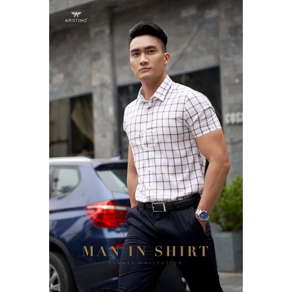 [MẪU MỚI] Áo sơ mi nam ngắn tay ARISTINO phom Slim fit, màu trắng kẻ caro nâu trẻ trung, nổi bật - ASS388S2