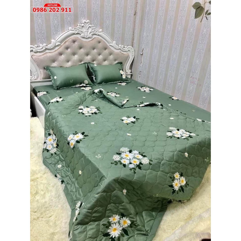 Trọn Bộ 5 Món Chăn Ga Gối ⚡Chăn Ga Gối Chần Bông⚡ Mẫu Xuyến Chi Xanh Lá chăn trần bông 3 lớp hàng loại 1