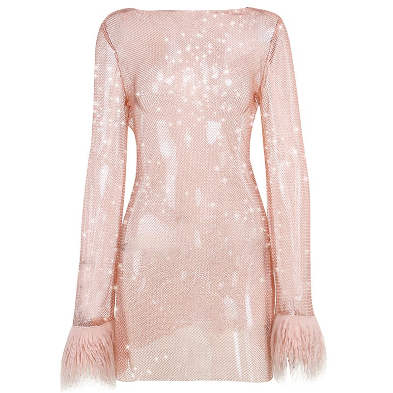 Đầm Body Tay Dài Cổ Tròn Phối Lưới Đính Lông Vũ Lấp Lánh Thời Trang Dự Tiệc Cho Nữ