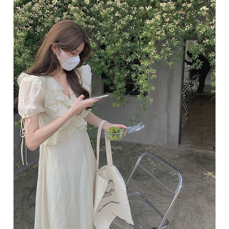 Váy đầm dài cổ bèo đuôi cá phong cách cổ điển Retro Vintage Taobao mới 2022 V029