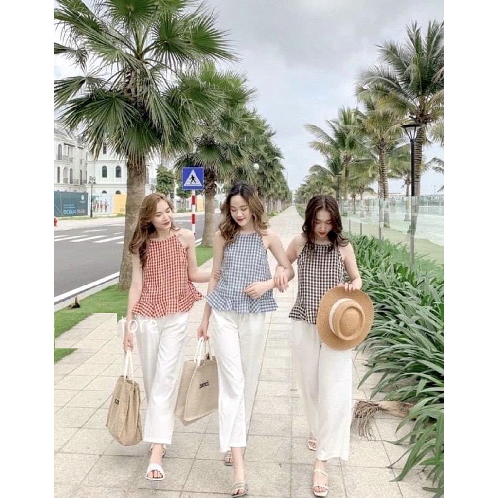 Áo 2 Dây Yếm Kẻ Caro PEONYB Nữ [FREESHIP]  Babydoll phối đuôi cá, thun vạt bèo màu ĐEN | ĐỎ | XANH Ulzzang HOT