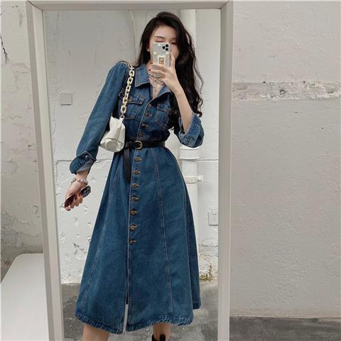 Đầm Denim Dáng Chữ a Tay Dài Ôm Eo Phong Cách Cổ Điển Thời Trang Mùa Xuân Mới 2022