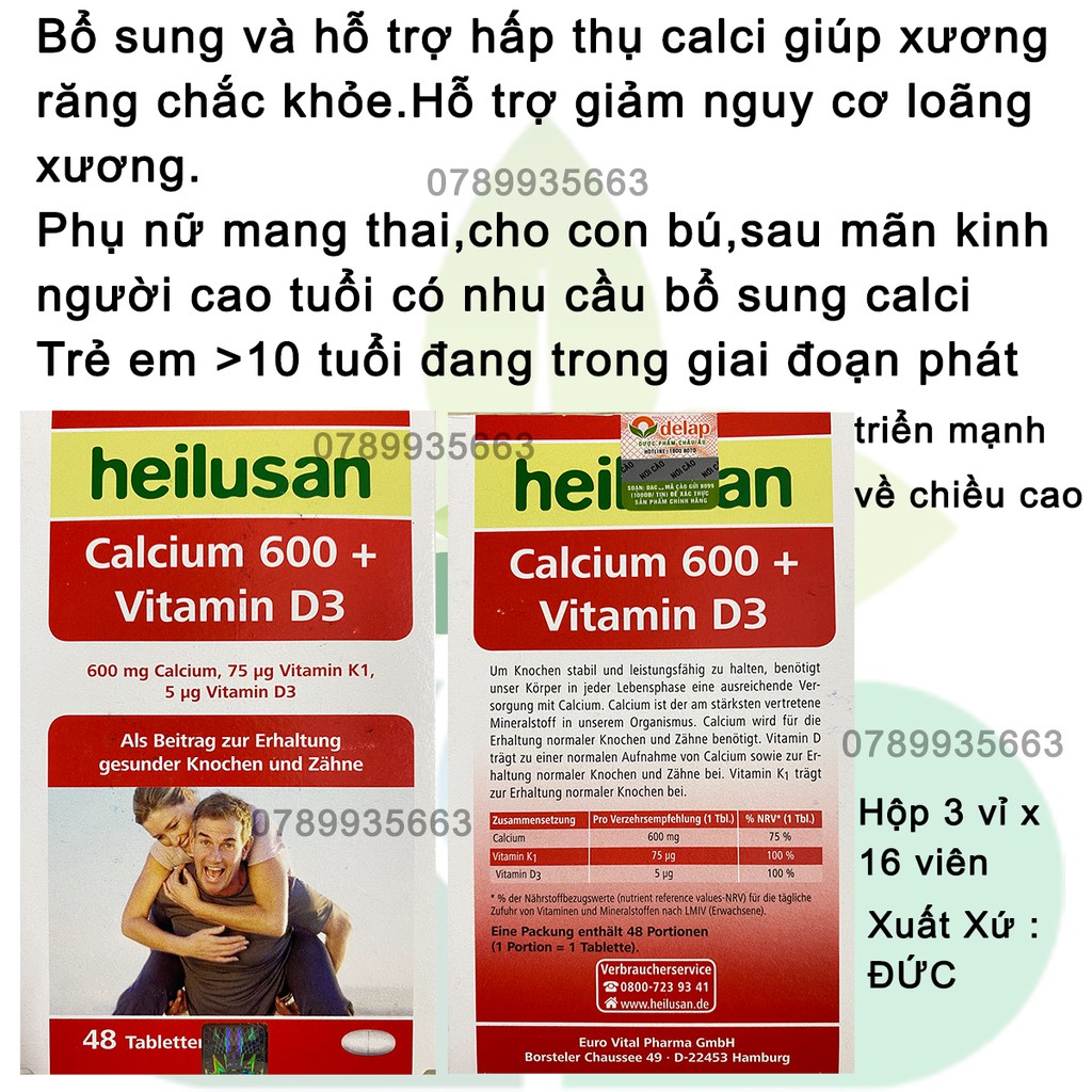 Calcium 600+Vitamin D3 Heilusan Bổ Sung Và Hỗ Trợ Hấp Thu Tối Đa Calci Cho Xương,Răng