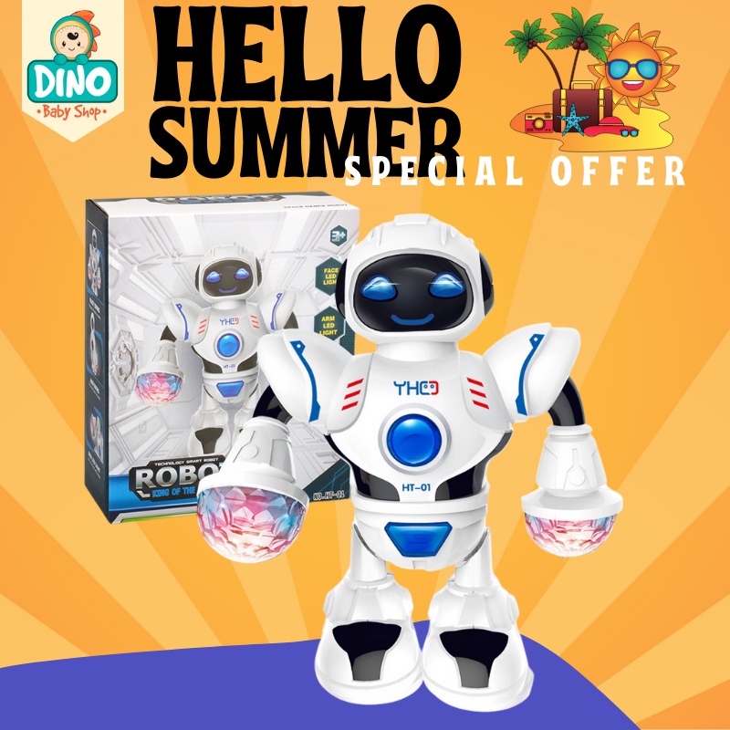 Robot nhảy múa tự phát sáng, đồ chơi robot di chuyển theo nhạc, chất liệu ABS an toàn cho trẻ Dino