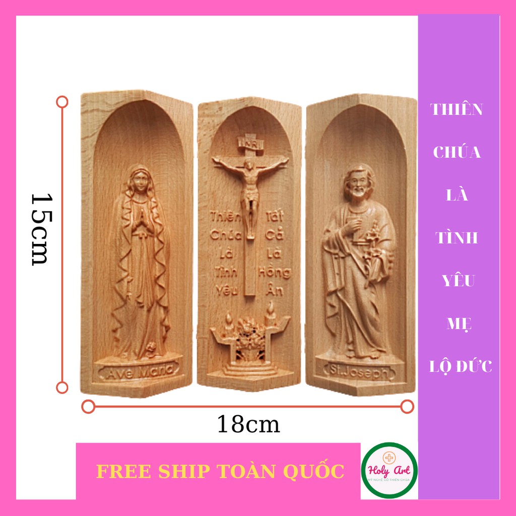 Tượng Mẹ Vô Nhiễm-Chúa-Thánh Giuse bằng gỗ  15x7cm. Tượng làm quà tặng, tuyên xưng, mang theo mình cầu nguyện