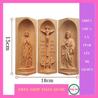 Bàn thờ công giáo gọn Mẹ Lộ Đức-Chúa bằng gỗ {holyart} 15x7cm. Tượng làm quà tặng, tuyên xưng, mang theo mình cầu nguyện