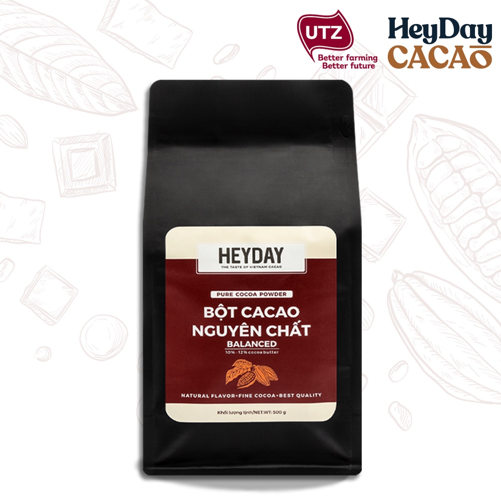 Túi 500g Bột cacao nguyên chất 100% Heyday - Dòng Balanced phổ thông - Chuẩn UTZ Quốc Tế