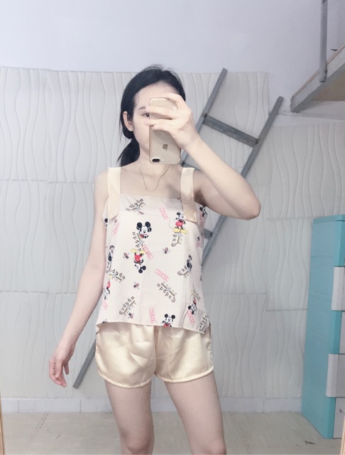 Set hai dây bản to quần đùi lụa satin cao cấp thiết kế