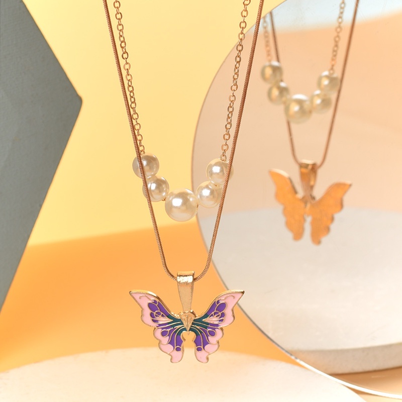 Vòng cổ Hai Lớp Mặt Hình Bướm Đính Ngọc Trai Thời Trang Cho Nữ