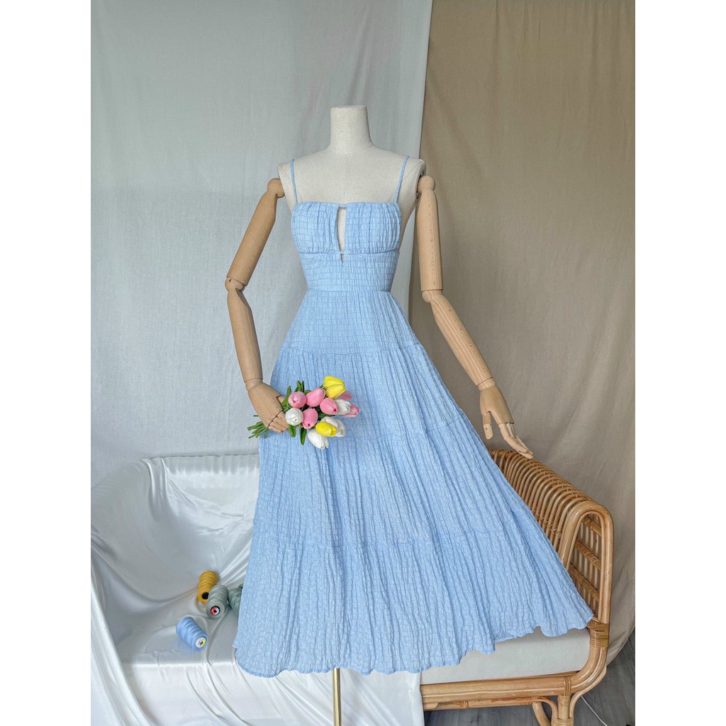 Đầm maxi ,  Đầm 2 dây , Váy hở lưng Cao Cấp váy đi biển thiết kế đỏ vàng trắng xanh xốp nhún 2 lớp dáng xòe - MiNhi | BigBuy360 - bigbuy360.vn