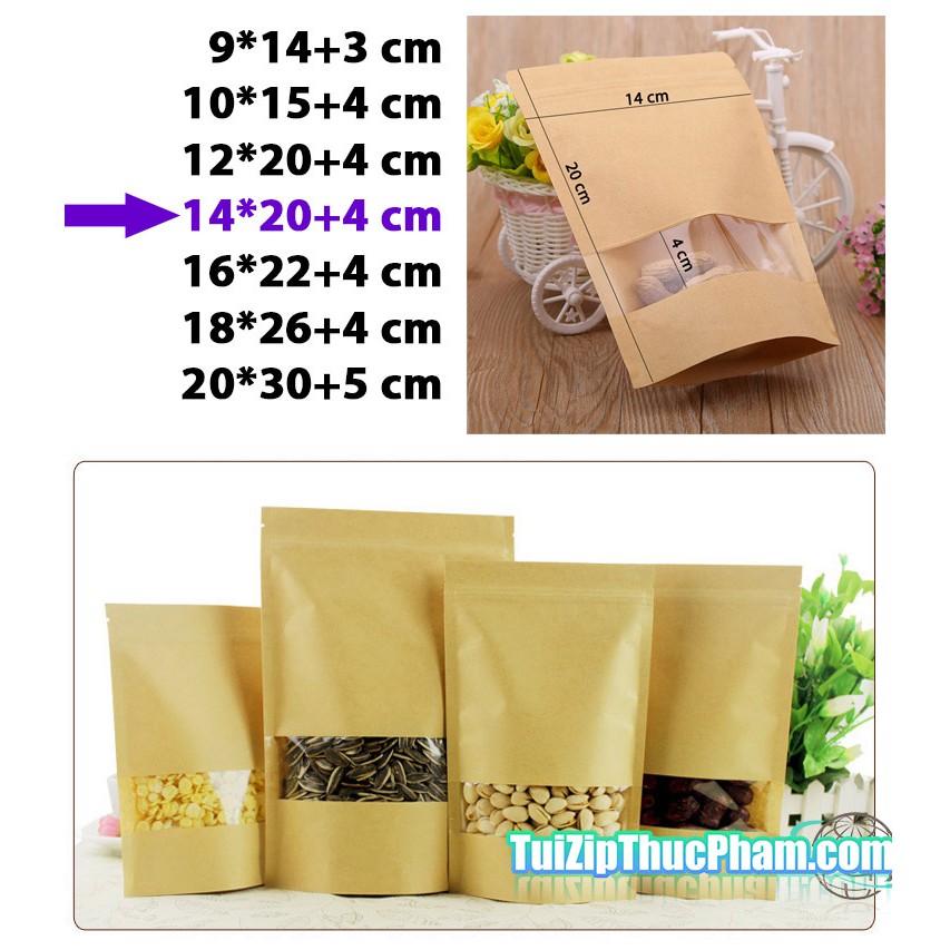 100 cái túi zip MIS size 14x20 cm đựng 200g bột mịn, túi zipper giấy kraft vàng có cửa sổ đựng thực phẩm chất lượng cao