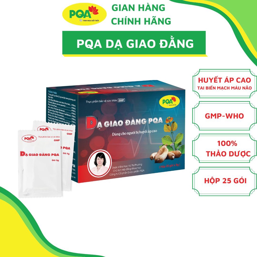 Dạ Giao Đằng PQA thảo dược hỗ trợ giảm đau đầu, hoa mắt, chóng mặt do huyết áp cao. Hộp 25 gói
