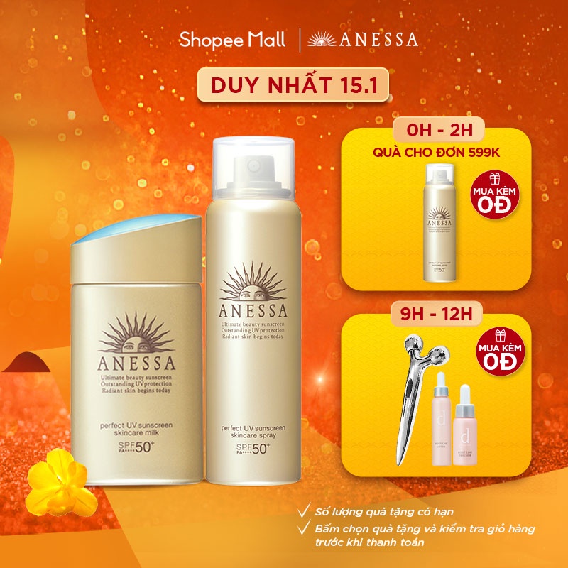 Bộ đôi xịt và sữa chống nắng Anessa(Perfect UV Gold Spray 60g+ Gold Milk 60ml)