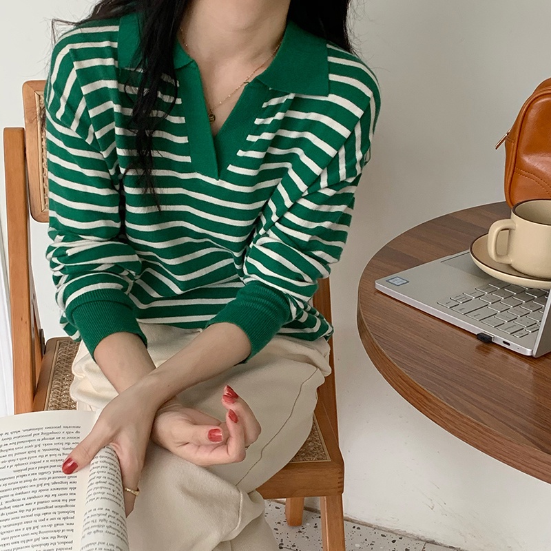 Áo sweater SUXI dệt kim cổ V dáng rộng kẻ sọc màu sắc tương phản kiểu Hàn Quốc thời trang thu đông cho nữ