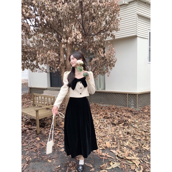 (A12)Set Dạ Nơ Ngực Chân Váy Nhung Midi tiểu thư