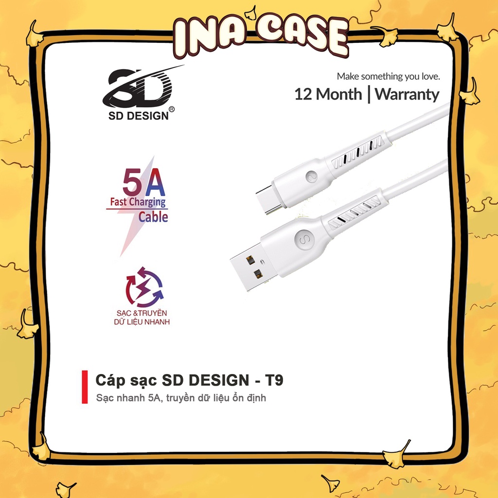 Cáp sạc nhanh 5A T9 chính hãng SD DESIGN giúp sạc nhanh đầy đủ các chân sạc cho các thiết bị di động