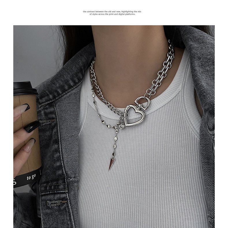 Dây Chuyền Hai Lớp Họa Tiết Trái Tim Và Khóa Trái Tim Thời Trang Phong Cách Hip Hop 19219