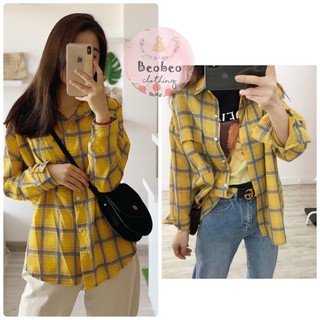 [Ảnh thật] Áo sơ mi nữ oversize kẻ sọc vàng ô vuông ulzzang