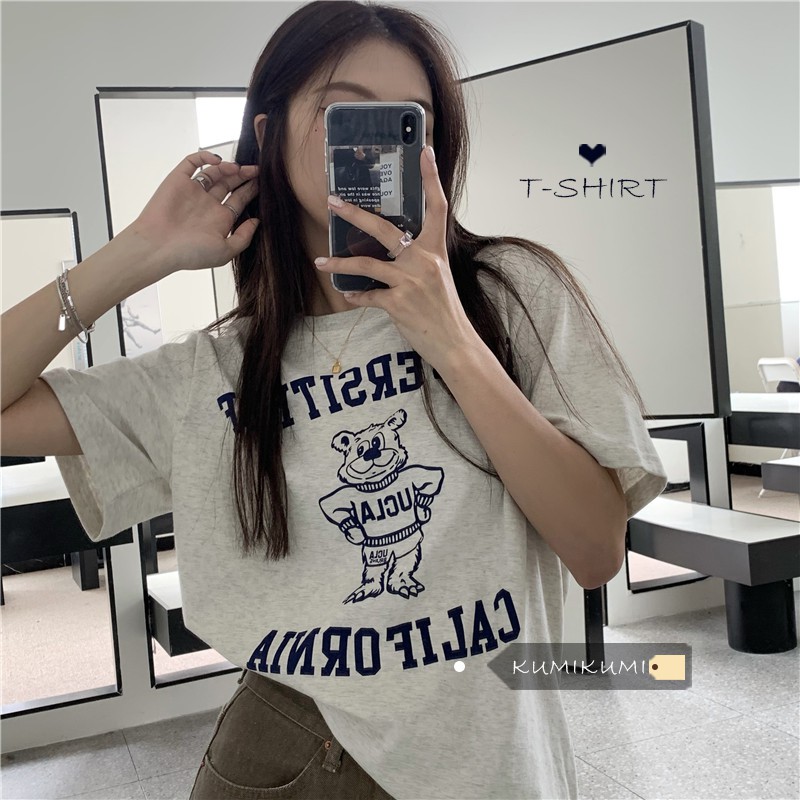 xa (ORDER) Áo thun nữ cộc tay form basic in chữ hình gấu trước ngực style Hàn Quốc nhẹ nhàng (HÀNG MỚI VỀ) h .