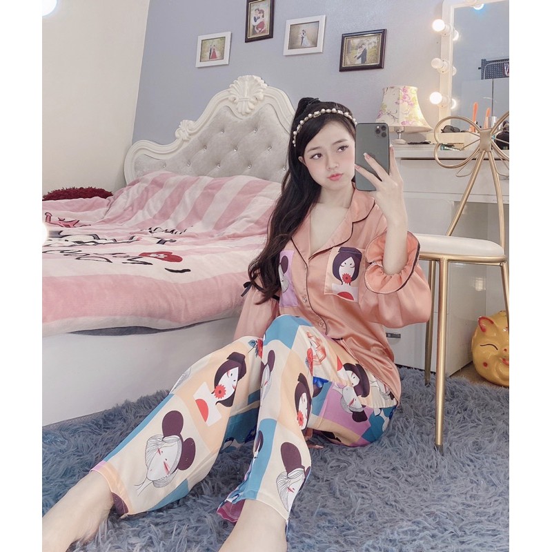Bộ Pijama Lụa Satin Cô Gái Dài Tay | BigBuy360 - bigbuy360.vn