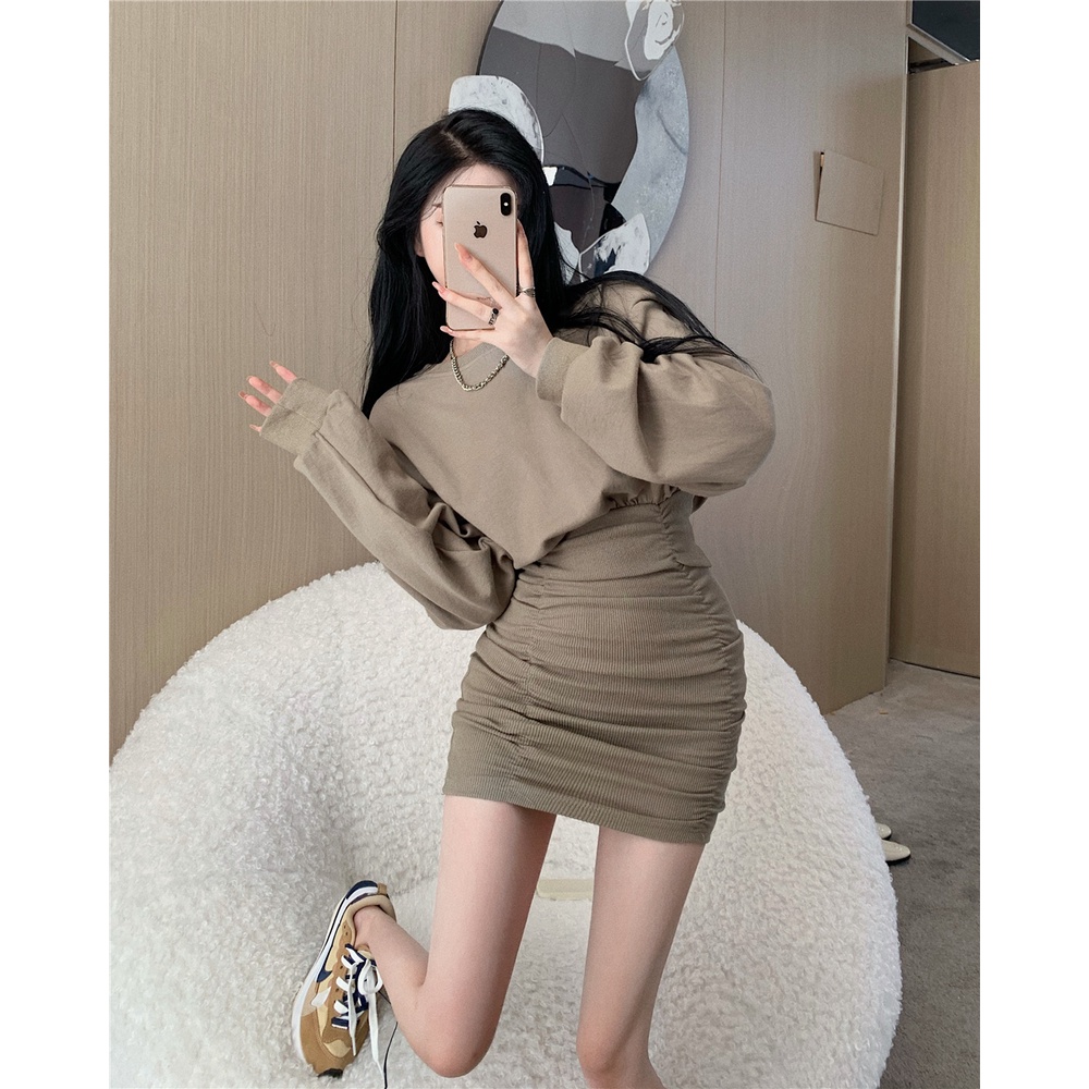 Váy Body Thu Đông Form Rộng, Chân Váy Xếp Ly Ôm